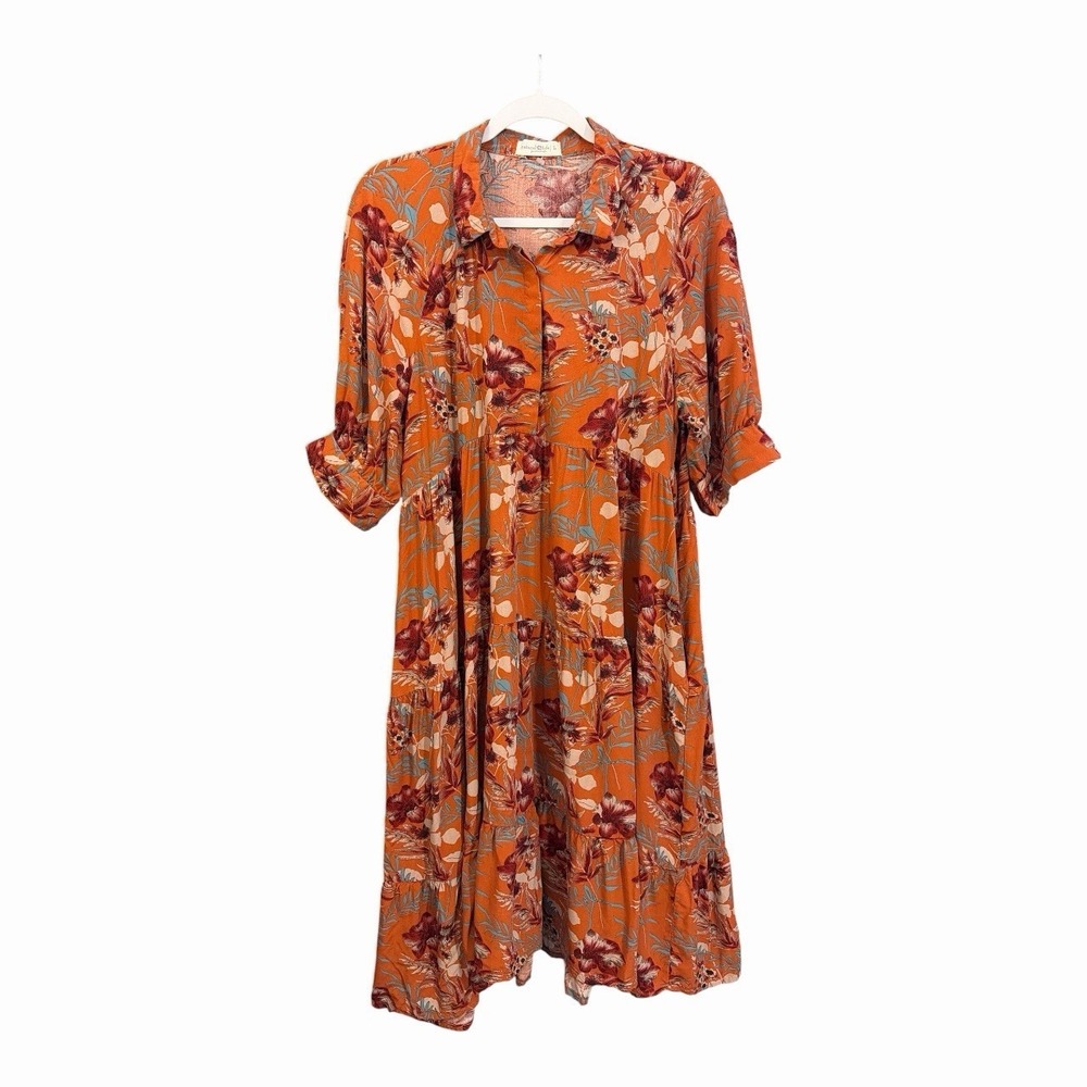 Natural Life Rebecca Midi Dress Orange Floral Boho Tiered Rayon Large - Picture 2 of 6